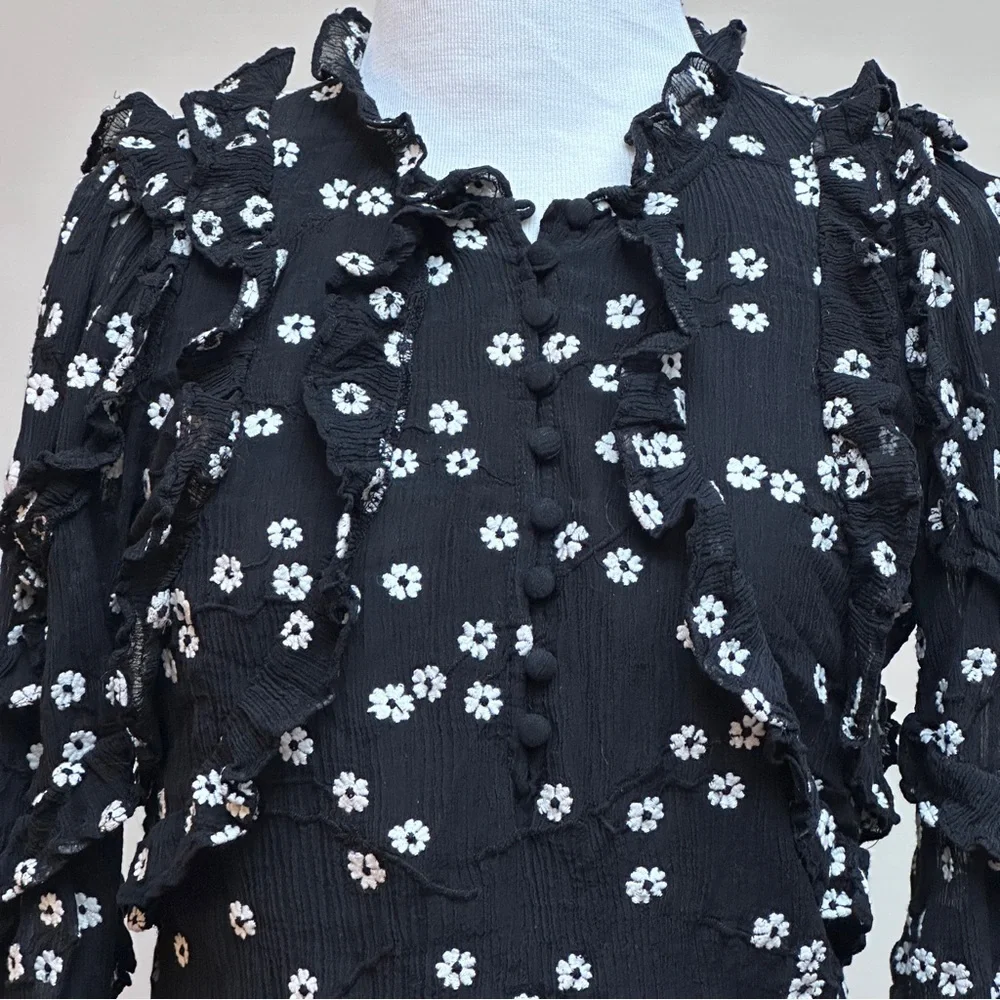 Rebecca Taylor Black & White Alessandra Ruffle Top Size 0 - Picture 4 of 15